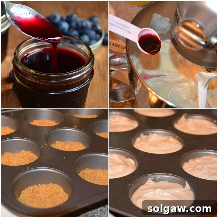 Blueberry mini cheesecake collage with steps of how to make it