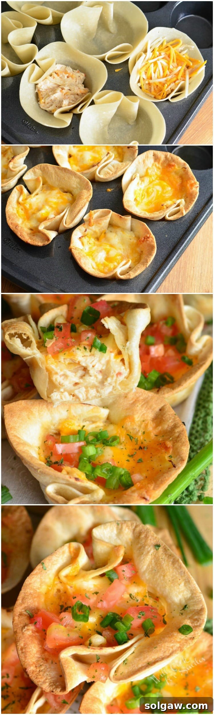 Collage of chicken enchilada cups with various toppings