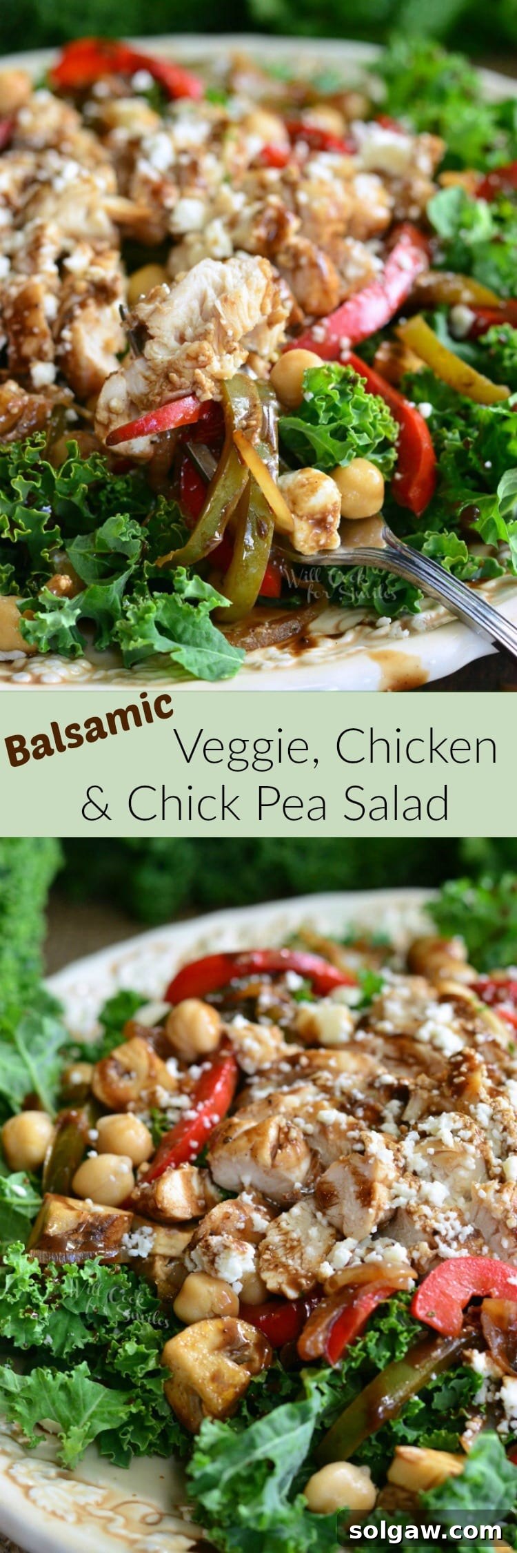 A full, vibrant plate of Balsamic Chicken, Veggies, and Chickpea Salad, showcasing a generous portion of kale, perfectly cooked chicken, colorful sautéed vegetables, chickpeas, and crumbled feta cheese, ready to be enjoyed.