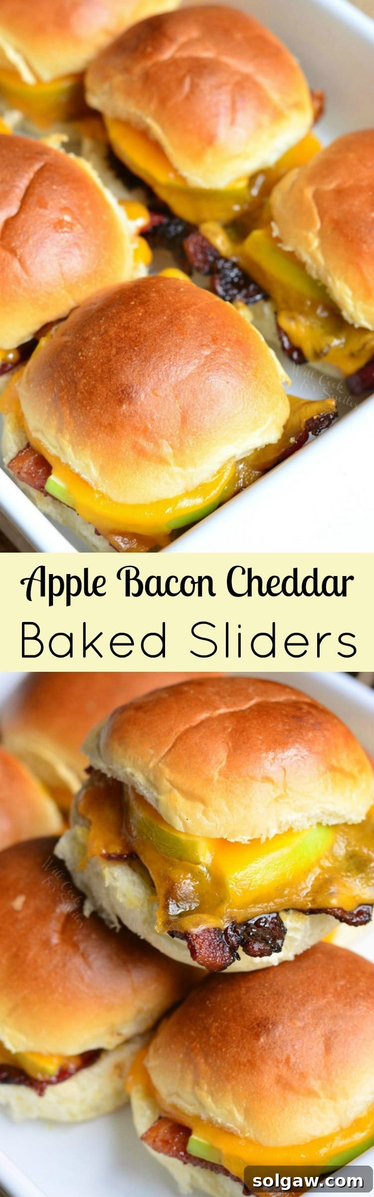 A collage featuring a top-down view of Apple Bacon Cheddar Baked Sliders and another image of sliders stacked in a baking dish.