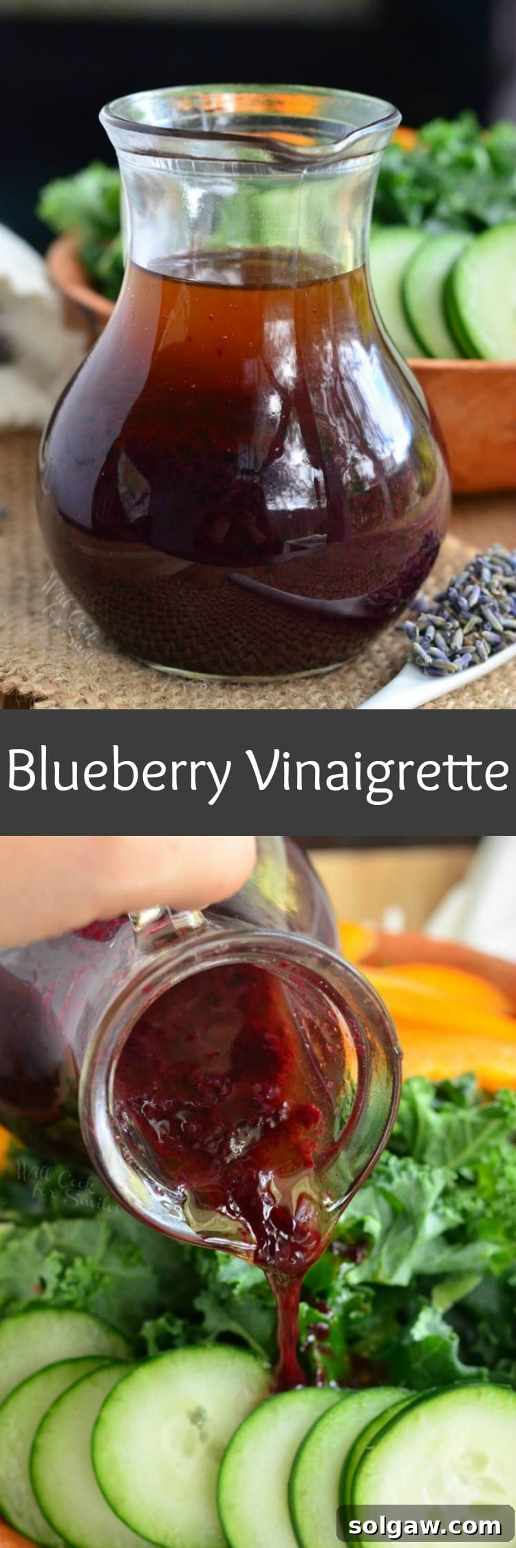 A collage featuring two images: the top shows Blueberry Lavender Vinaigrette in a glass jar with lavender sprigs and a salad, while the bottom depicts the vinaigrette being poured over a fresh salad of cucumber and lettuce.