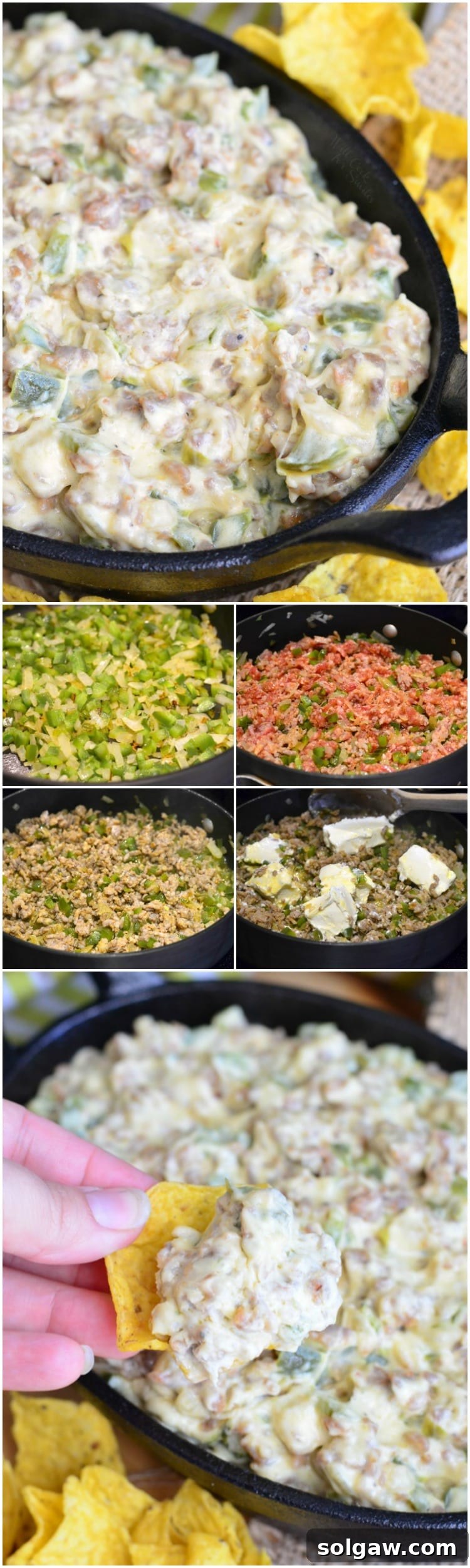 A photo collage showcasing the Cheesy Sausage Peppers and Onions Dip: a finished dip in a cast iron skillet, step-by-step images of making the dip, and a close-up of a tortilla chip scooping out the warm, cheesy mixture.