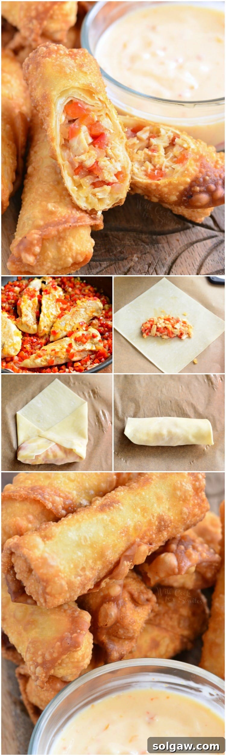 Sweet Chili Chicken Egg Rolls with Creamy Sweet Chili Sauce in a glass bowl on a cutting board