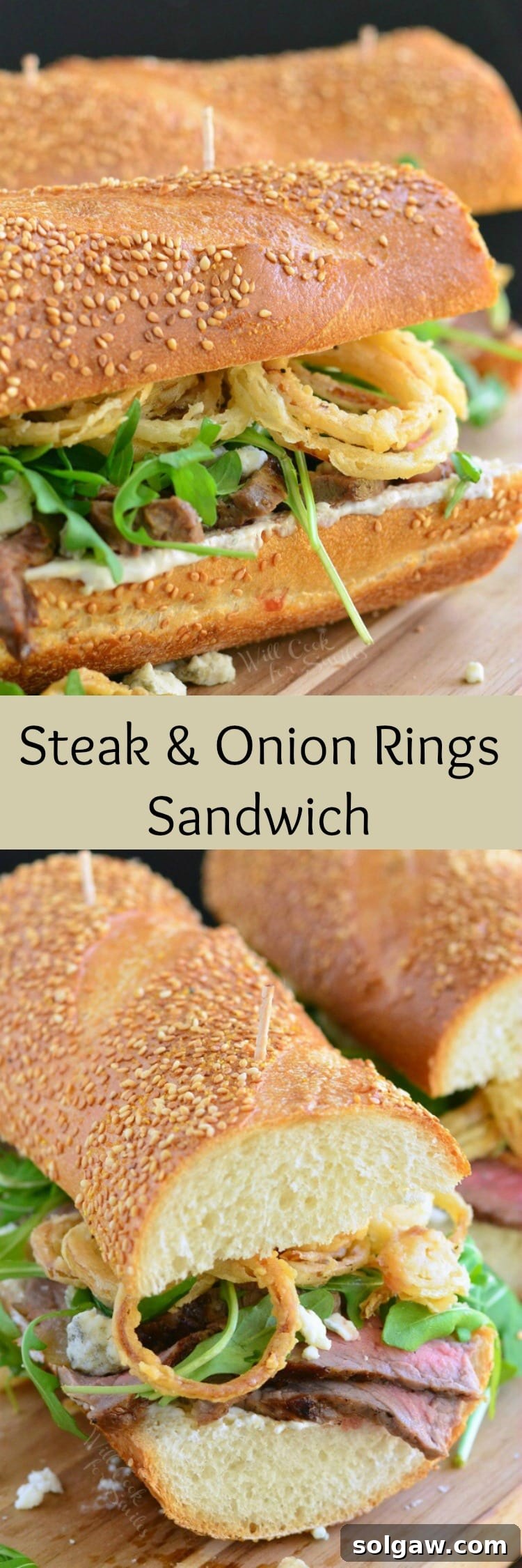 Collage showcasing two views of the gourmet Steak Sandwich with Onion Rings and Arugula