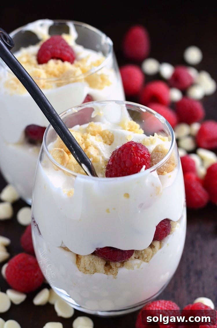 Elegant Raspberry White Chocolate Mousse Parfait in a stemless wine glass with a delicate spoon, surrounded by white chocolate chips and raspberries on a table