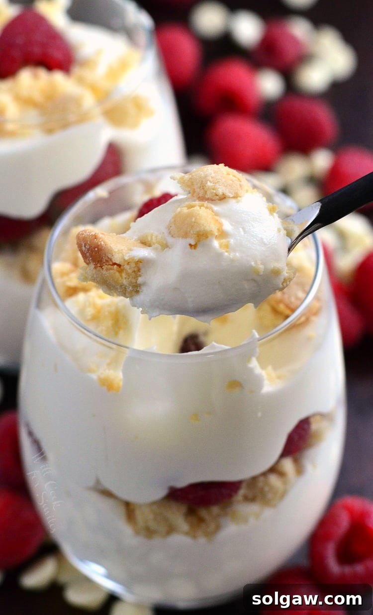 A spoon lifting a delightful bite of Raspberry White Chocolate Mousse Parfait from a stemless wine glass, showcasing its luscious layers