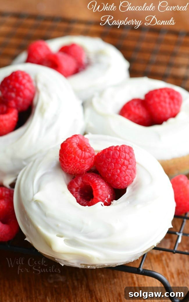 Glazed White Chocolate Covered Baked Raspberry Donuts, with fresh raspberries in the center, arranged on a cooling rack