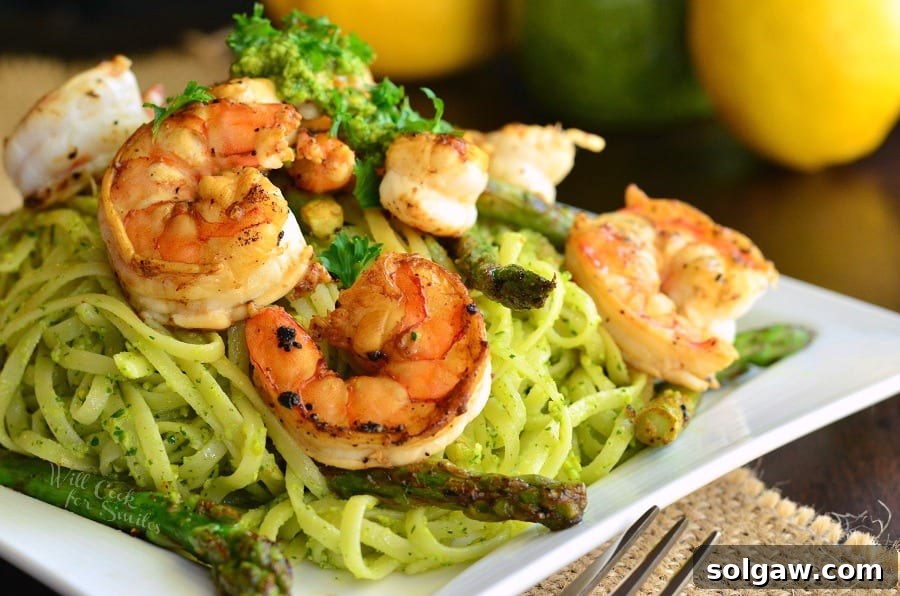 Lemon Pistachio Pesto Linguine with Shrimp and Asparagus