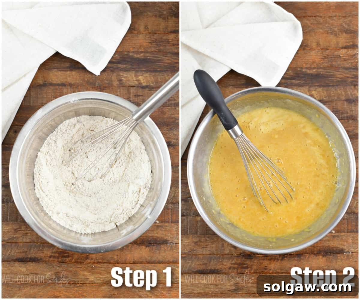A collage displaying two bowls side-by-side: one with whisked dry ingredients and another with wet ingredients, ready to be combined for the cake batter.