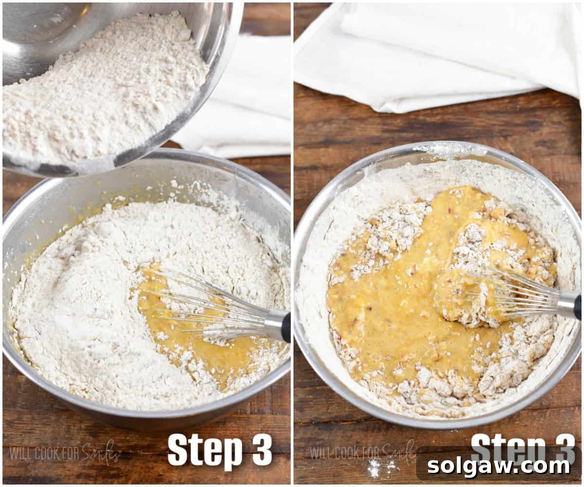 A two-photo collage illustrating the process of gradually folding the dry ingredients into the wet ingredients, creating a cohesive cake batter.
