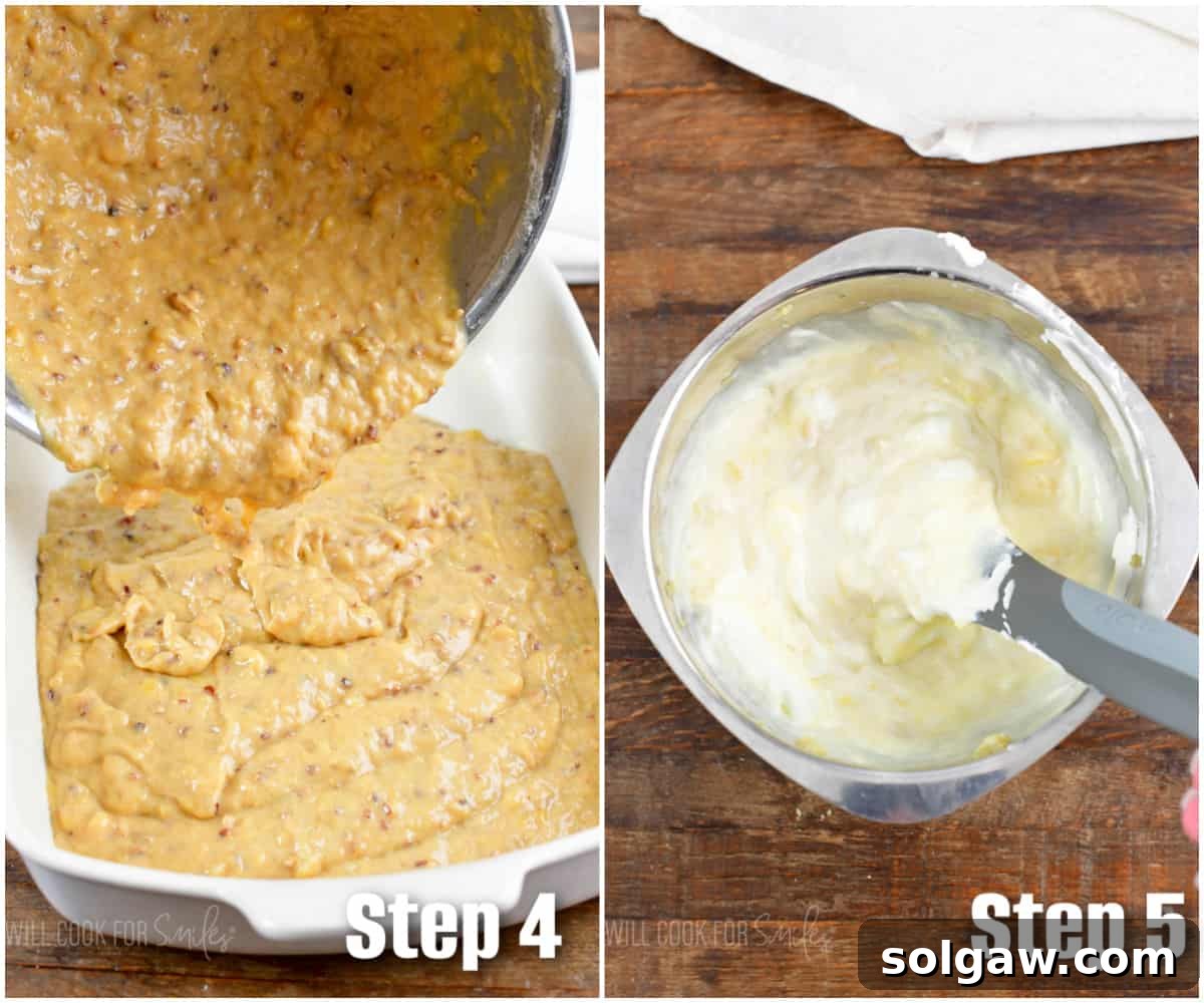 A two-image collage showing the cake batter being poured into a baking dish and the separate topping mixture being whisked in a bowl.