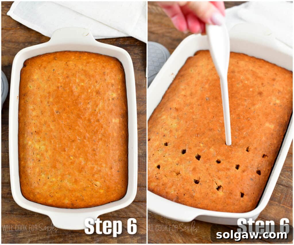 A two-photo collage illustrating the two stages of poke cake preparation: a freshly baked cake and the subsequent step of poking holes across its surface.