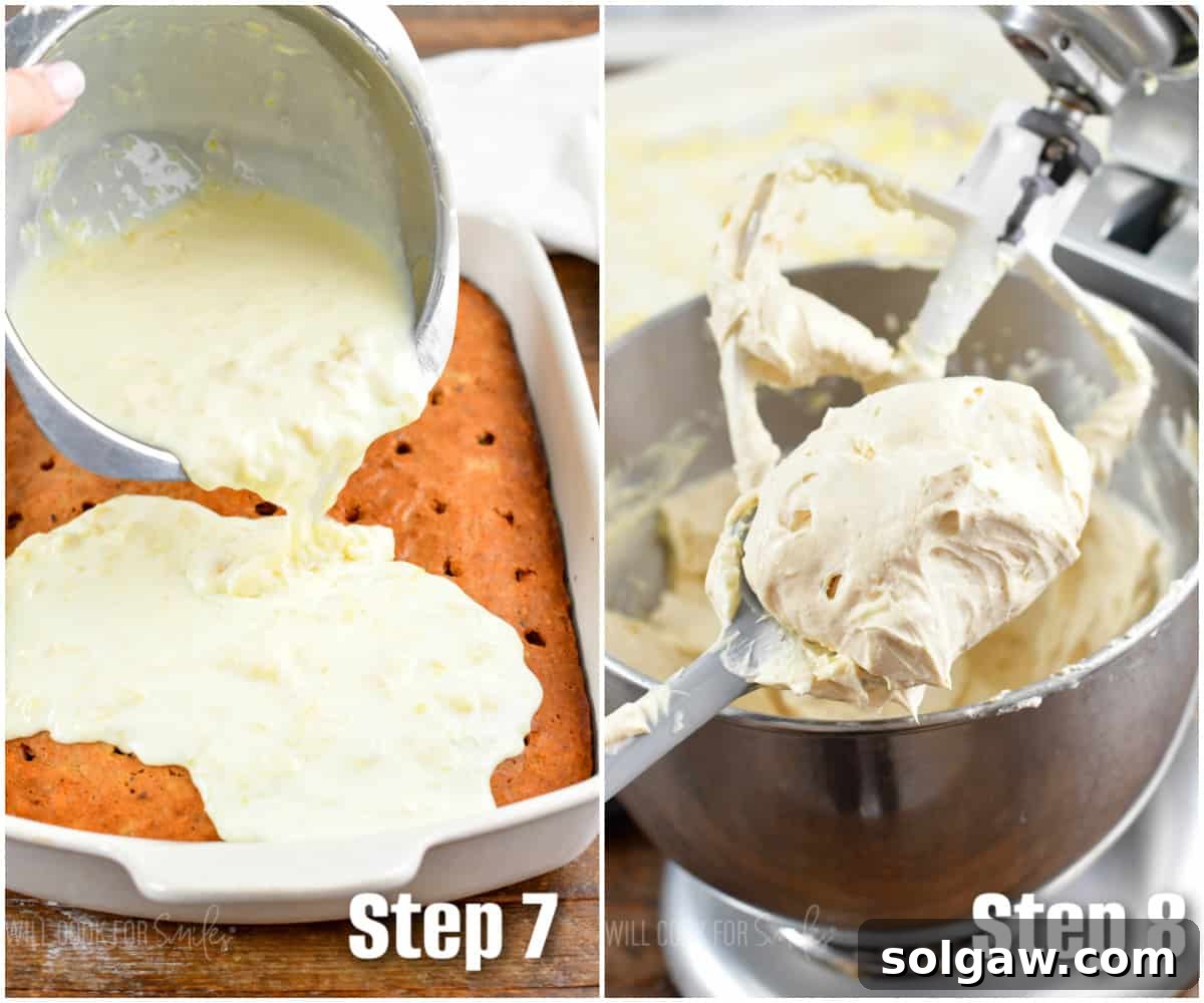A two-photo collage depicting the process of pouring the creamy sweet topping over the poked cake and then applying the smooth cream cheese frosting.