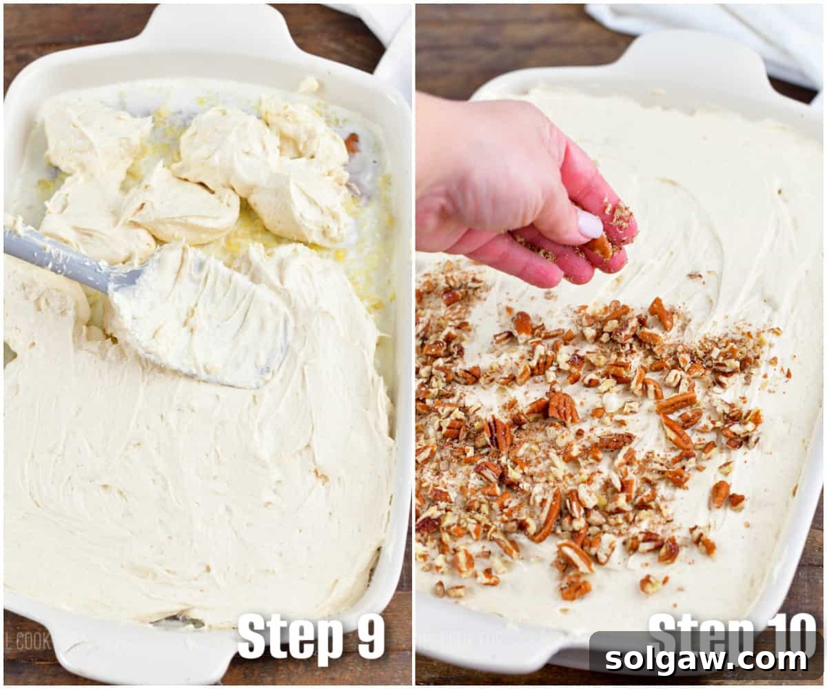 A two-photo collage showing the application of cream cheese frosting onto the poke cake, followed by a final image of the frosted cake being topped with chopped nuts.