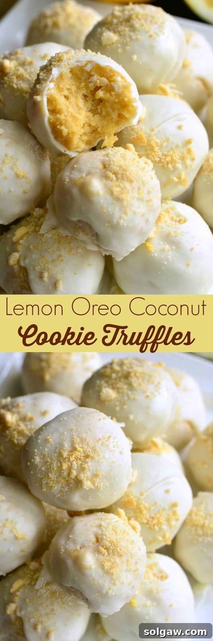 Zesty Coconut Oreo Delights 8 top photo is Lemon Oreo Coconut Cookie Truffles with a bite out of one and bottom photo with lemon truffles in a plate