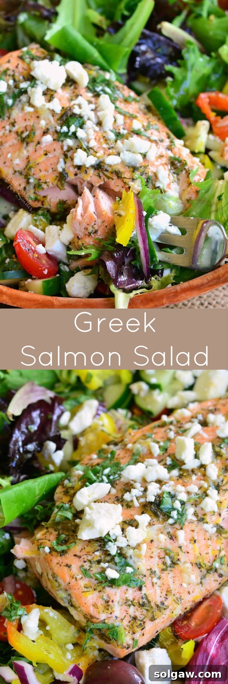 Collage of Greek Salmon Salad photos: top shows salad with a fork, bottom is a top-down view