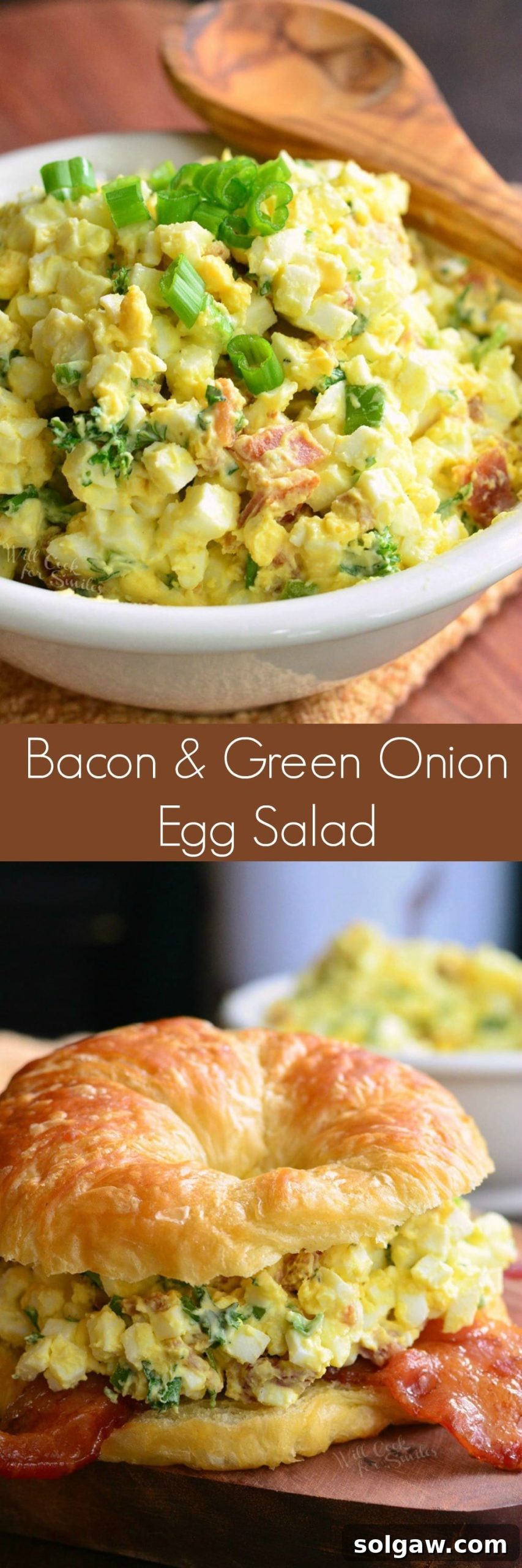 photo collage top image is Bacon and Green Onion Egg Salad in a bowl bottom image is egg salad sandwich with bacon