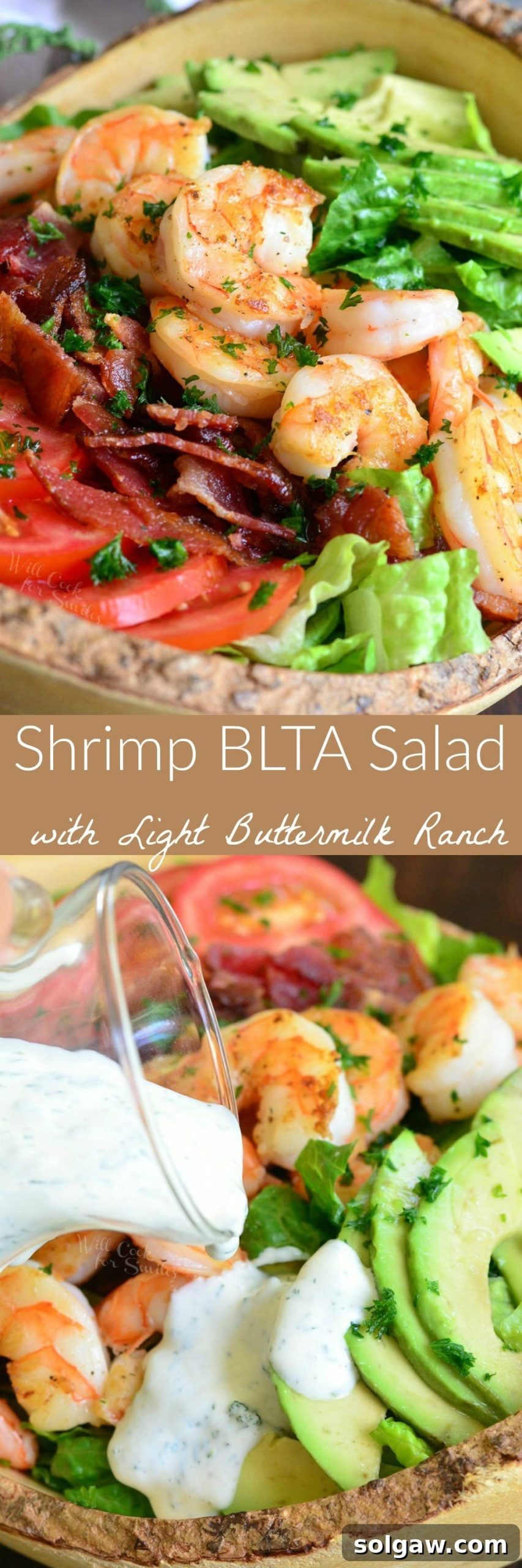 A creative collage showing various angles and components of the Shrimp BLTA Salad