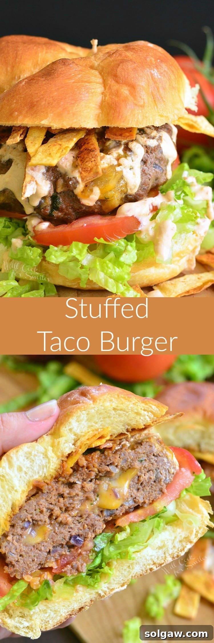 A photo collage featuring a Stuffed Taco Burger on a bun with lettuce and tomato, and another image of a burger sliced in half to show the cheese filling.