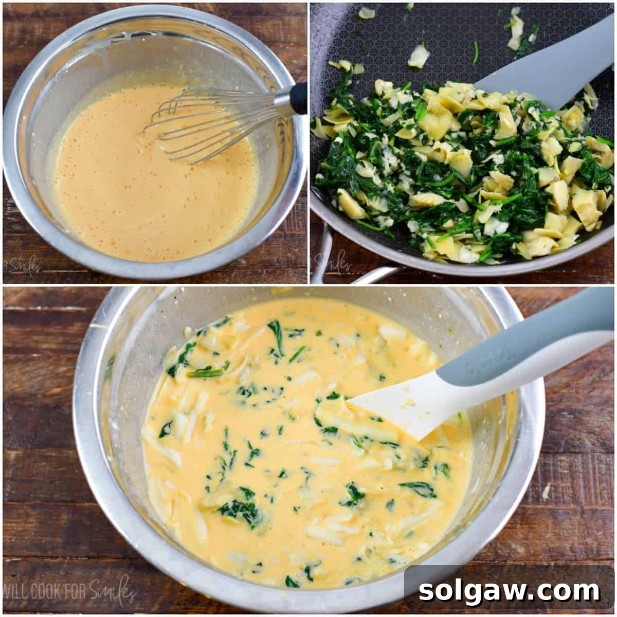 A collage of three images showing the preparation of the egg mixture and spinach artichoke filling for the quiche.