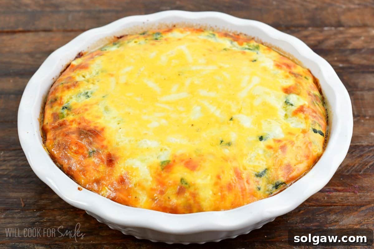 A freshly baked spinach artichoke crustless quiche in the baking dish, golden and inviting.