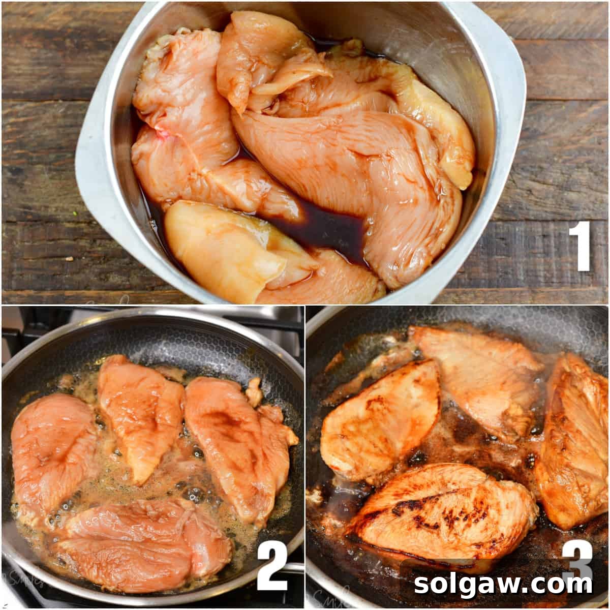 A visual progression showing raw chicken marinating, then cooking in a pan, and finally fully cooked chicken simmering. These steps illustrate the preparation of the balsamic chicken.