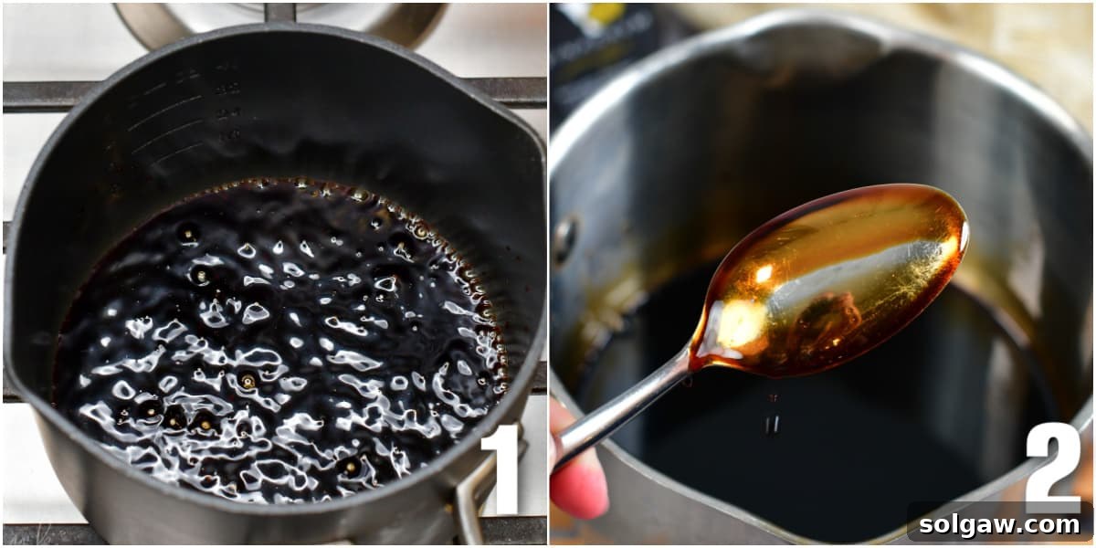 The process of making balsamic reduction, from simmering in a pot to coating the back of a spoon, illustrating the desired thickness.