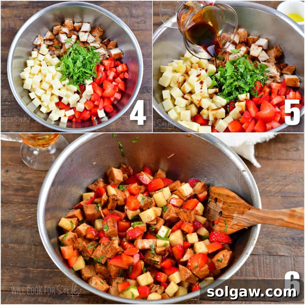 In the first photo, the ingredients for the salad are placed in a bowl side by side. In the next photo, balsamic reduction is being poured onto the ingredients. In the final photo, everything has been tossed together. 