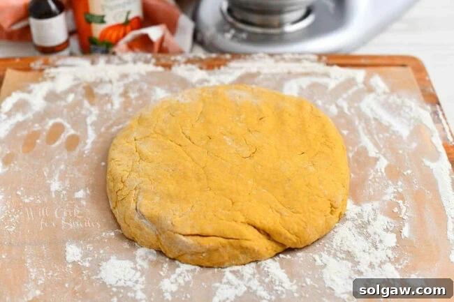 flat, round piece of scone dough on floured counter top