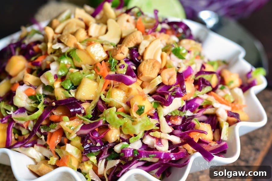 Close-up of freshly made Tropical Coleslaw, ready to serve.