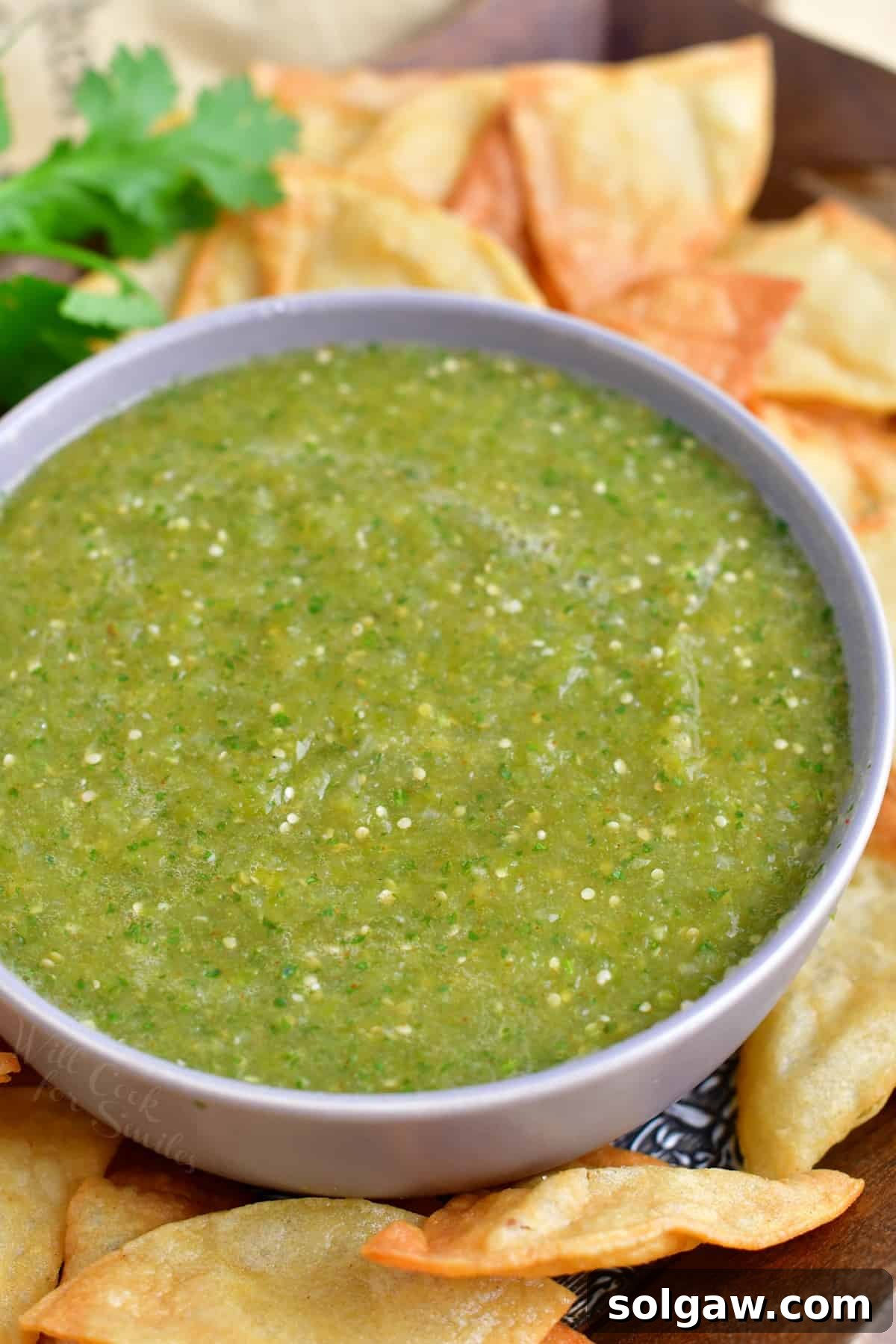 A large white bowl contains a heaping portion of salsa verde.