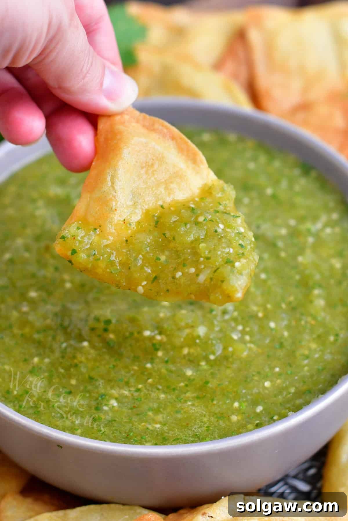 A chip is scooping a bite sized portion of salsa from the bowl.