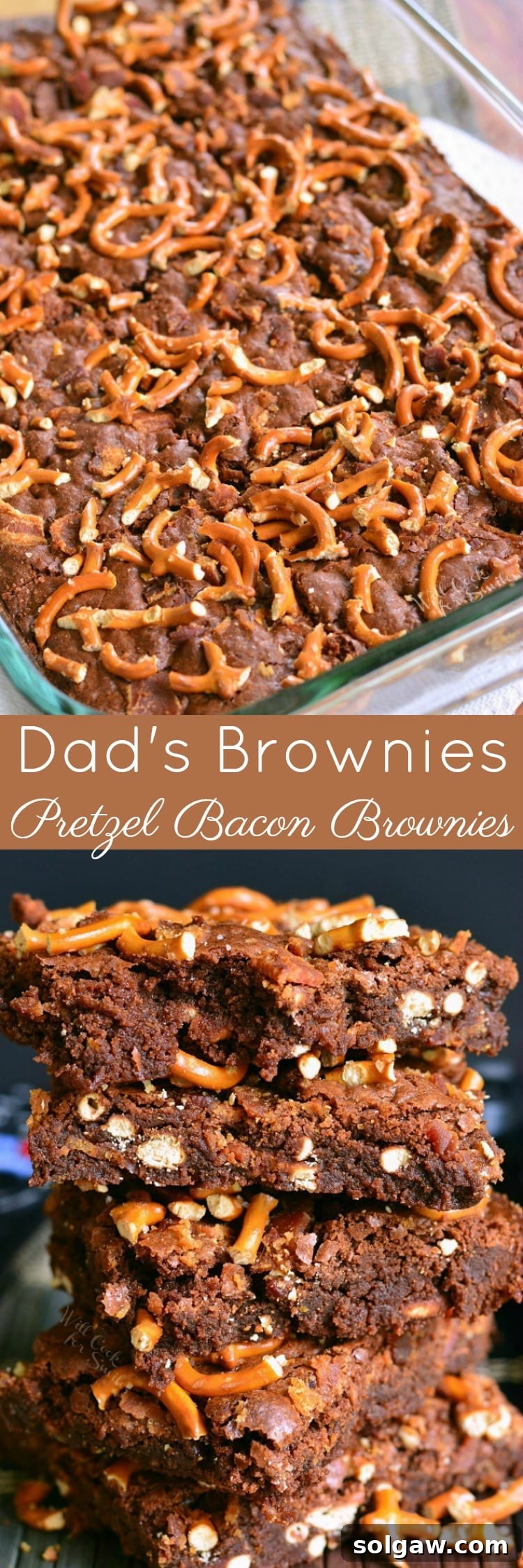 Collage of Pretzel Bacon Brownies, with a top photo showing brownies in a pan and a bottom photo displaying stacked brownies on a plate