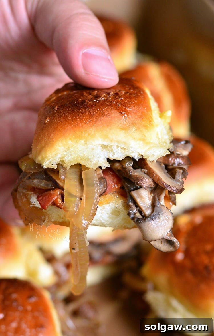 Close up of Bacon Mushroom and Onion Sliders