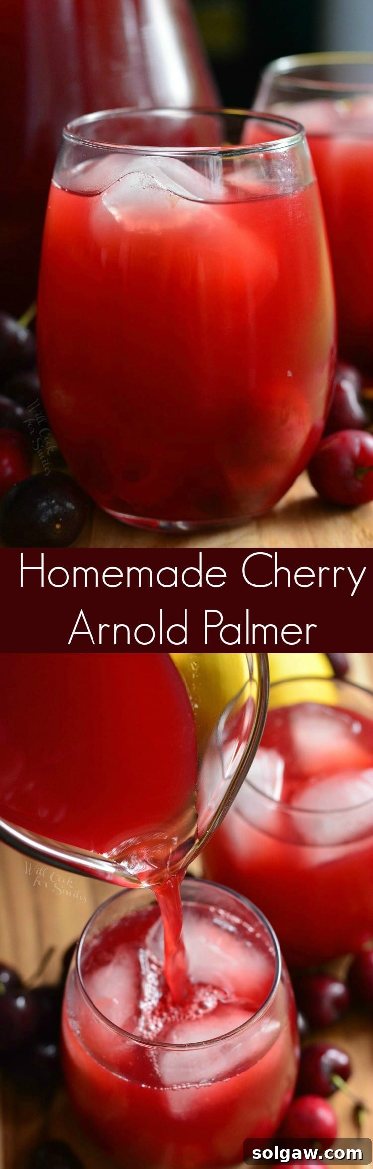 collage top photo is Cherry Arnold Palmer in glass bottom photo is pouring cherry arnold palmer in glass 