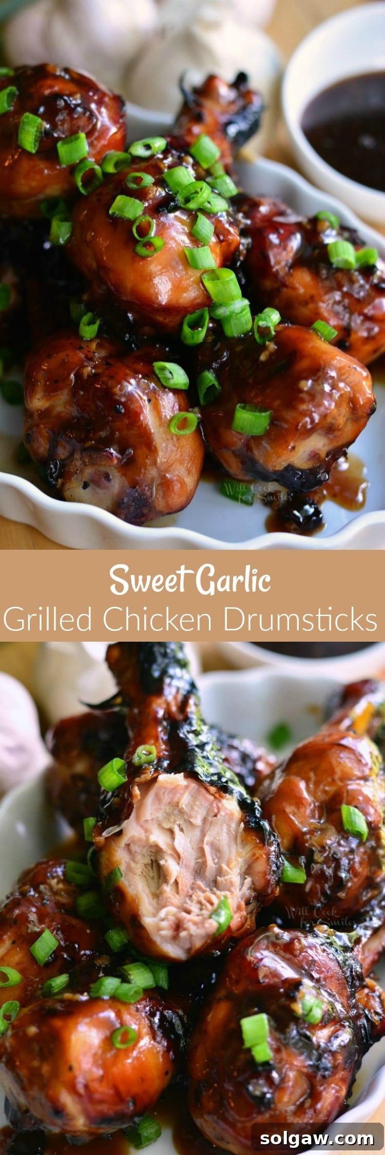 A two-part image collage. The top photo shows Sweet Garlic Grilled Chicken Drumsticks with green onions on top on a serving plate. The bottom photo shows a single chicken drumstick on a plate with a bite taken out, highlighting its juicy interior.