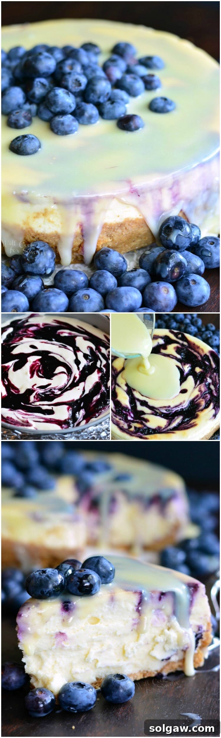 A collage featuring different angles and close-ups of the white chocolate blueberry cheesecake, highlighting its beautiful swirls and topping.