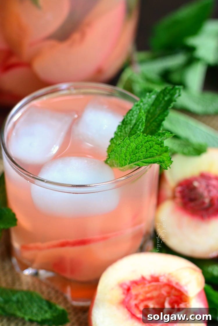 Blushing Peach Rose Mint Sparkler 5 Overhead view of a glass of mint and peach spritzer, perfectly garnished, highlighting its refreshing appeal.