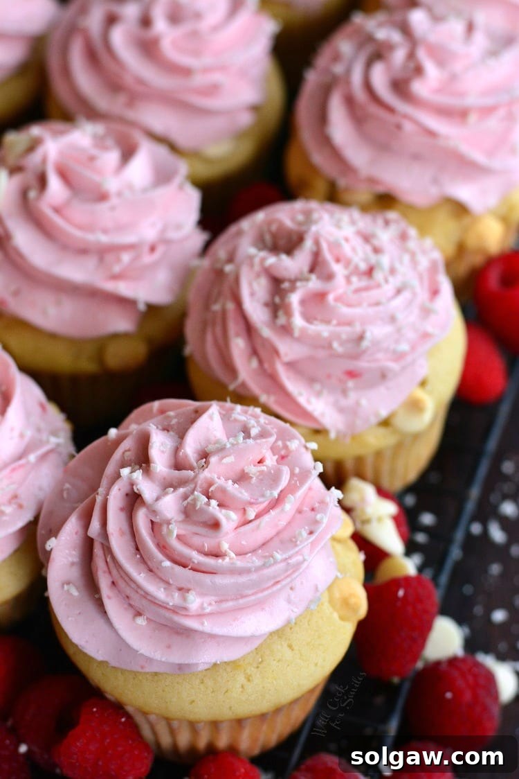 Close-up aerial view of several cupcakes with vibrant pink raspberry cream cheese frosting, showcasing their fluffy texture and inviting appearance.