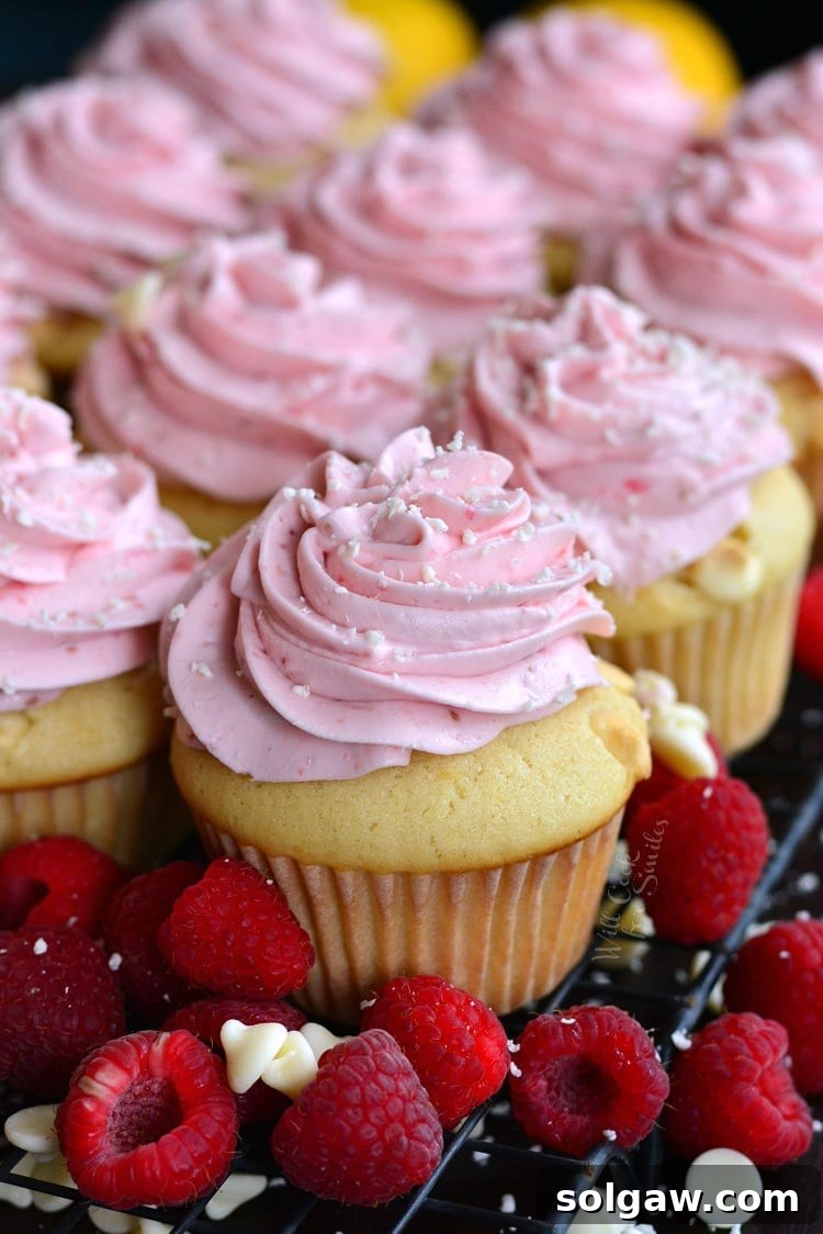 Single vanilla cupcake generously topped with pink raspberry cream cheese frosting and sprinkled with delicate white chocolate shavings, ready to be enjoyed.