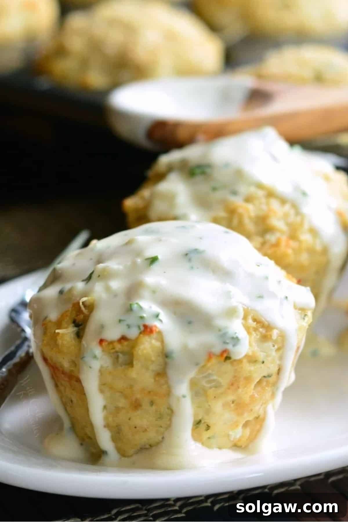 Parmesan Garlic Chicken Mini Loaves 2 White parmesan sauce coats an individual chicken meatloaf.