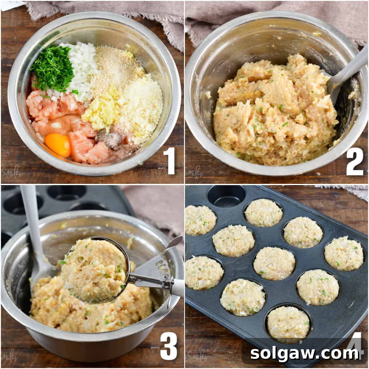 Parmesan Garlic Chicken Mini Loaves 4 The process of preparing chicken meatloaves, from mixing ingredients to forming and baking in a muffin pan.