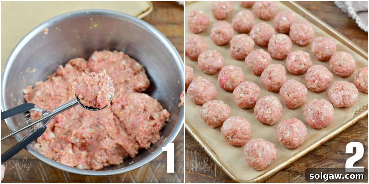 Mastering Meatball Freezing 3 Collage of two images of meatball mixture being scooped and rolled into meatballs.