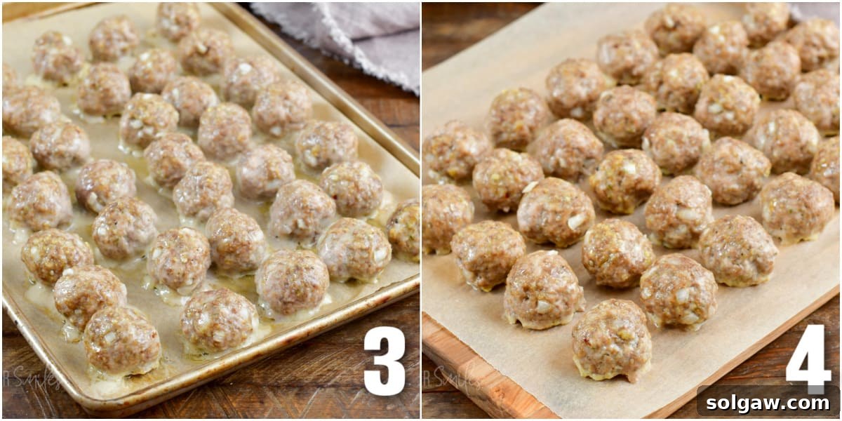 Mastering Meatball Freezing 4 Collage of two images of meatballs baked and layered on parchment.
