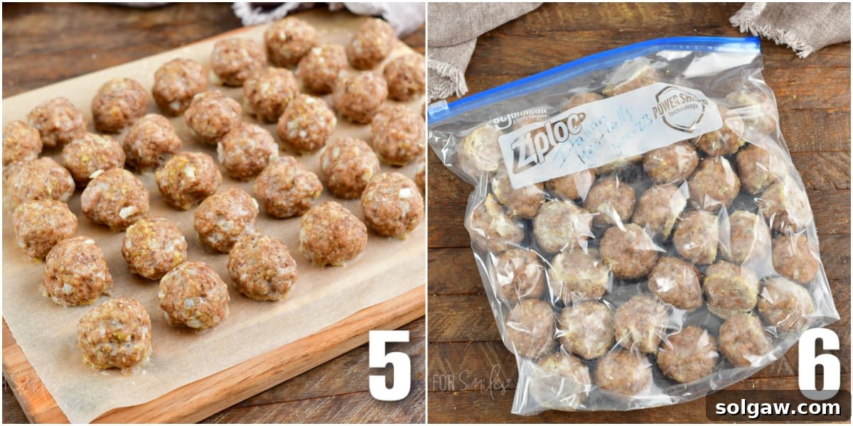 Mastering Meatball Freezing 5 Collage of two images of frozen meatballs of cutting board and in the zip-top bag.