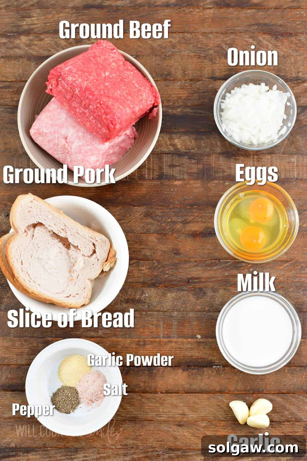 Mastering Meatball Freezing 7 Labeled ingredients to make basic meatballs on wooden background.