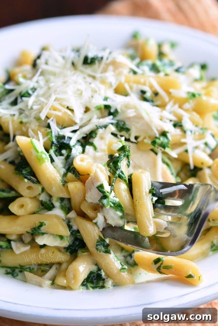 Garlic and Spinach Alfredo Chicken Pasta with cheese on top and bowl with a fork 