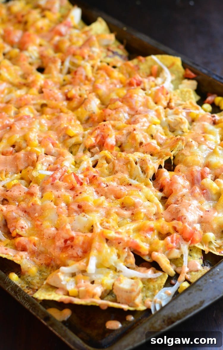 nachos on a sheet pan with cheese and chicken.