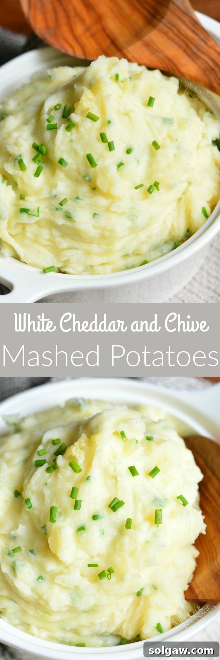 Collage of White Cheddar and Chive Creamy Mashed Potatoes, showing top and bottom photo views in a serving bowl
