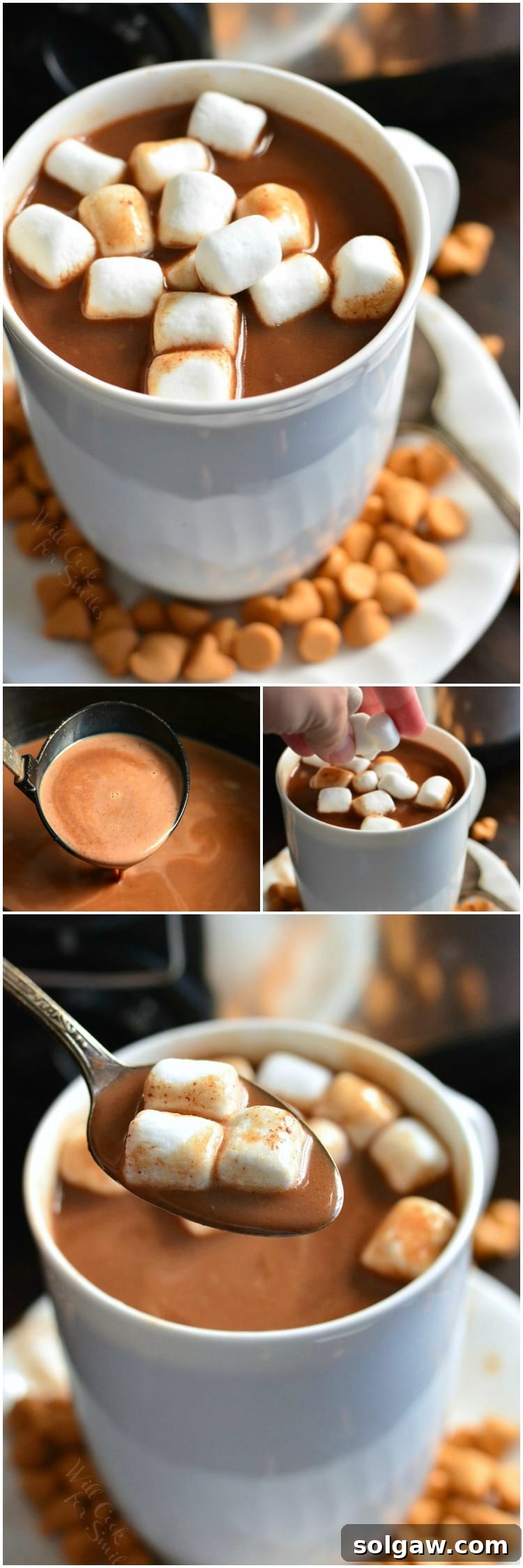 collage of four images showing hot chocolate: top view with marshmallows, scooping from crock pot, adding marshmallows to cup, and spooning marshmallows out of a cup 